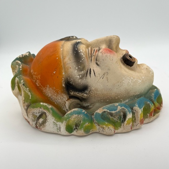 Vintage Chalkware String Holder Cigar Smoking Pierrot Creepy Macabre Clown Face - Picture 4 of 6